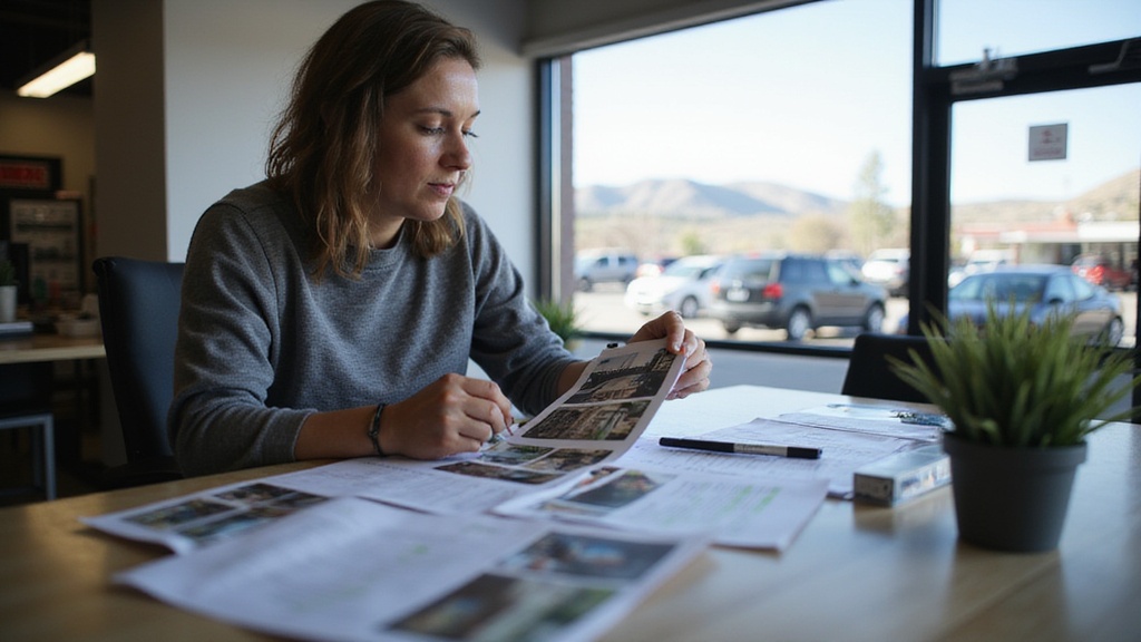 Business owner organizing claim photographs and records at a Colorado storefront
